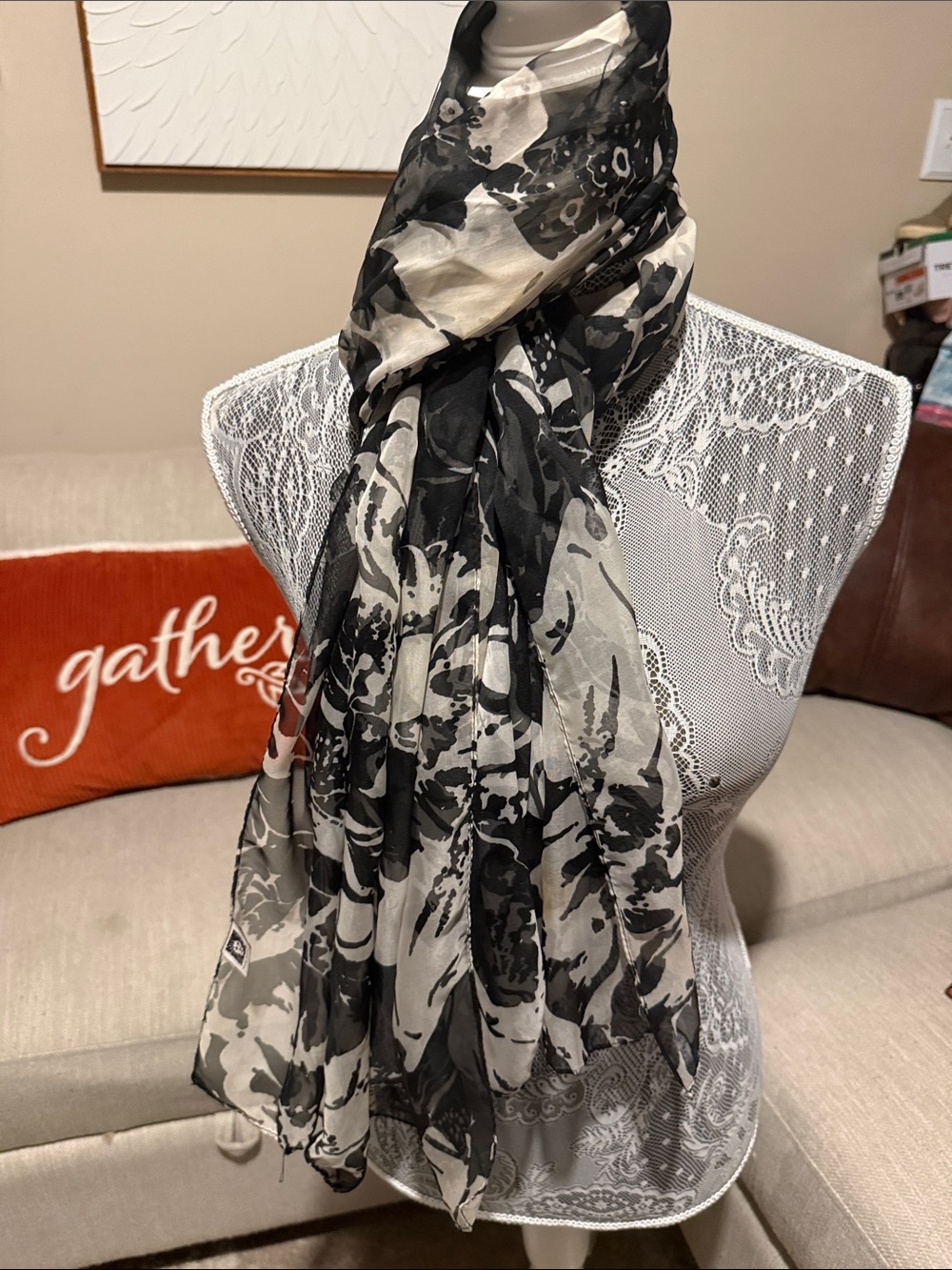 Anne Klein Black and White Floral Sheer Wrap Scarf